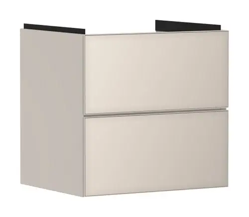 Waschtischunterschrank in sandbeige von Hansgrohe mit zwei Schubkästen. Minimalistisches Design ohne sichtbare Griffe, geeignet für moderne Badezimmer.